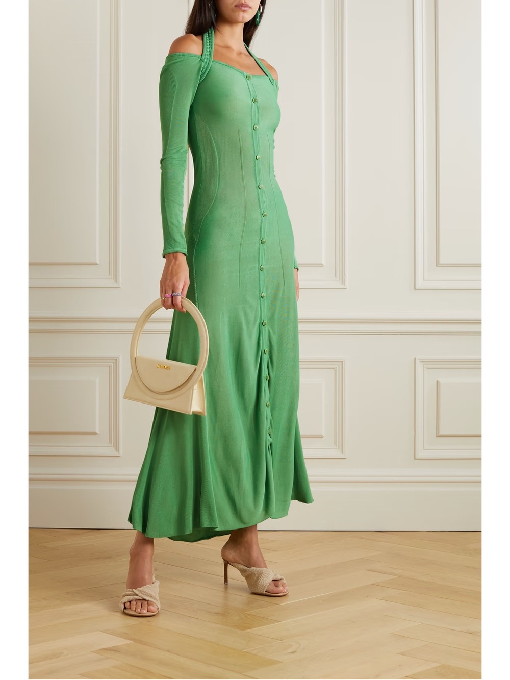 Jacquemus Mint Green Off-Shoulder Button-Down Maxi Dress